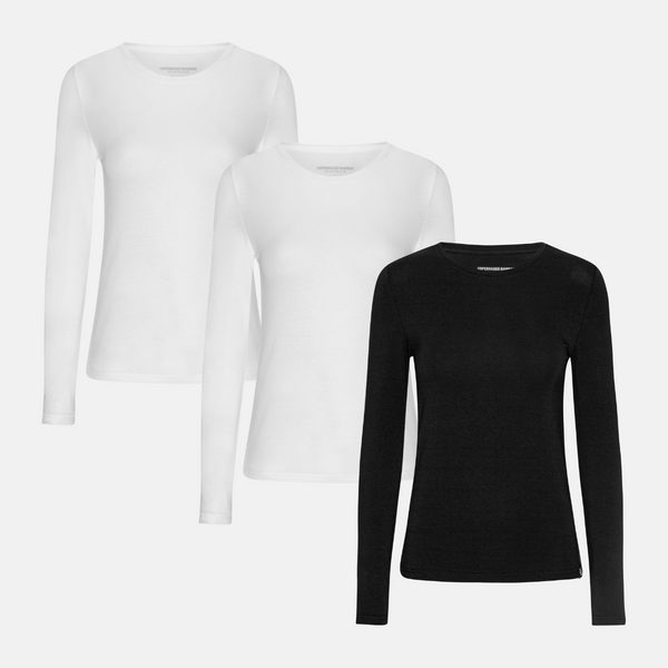 3 pak langærmet bambus T-shirt hvid/hvid/sort