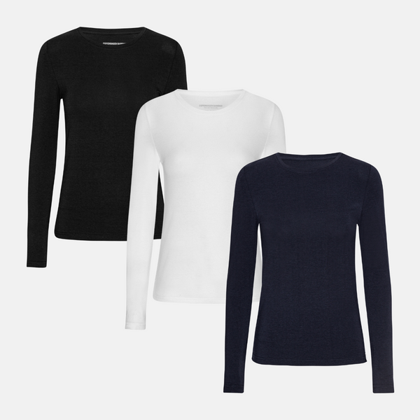 3 pak langærmet bambus T-shirt sort/hvid/navy