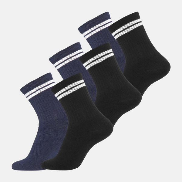 6 par bambus tennissokker sort med hvide striber/navy med hvide striber