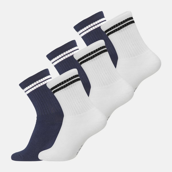 6 par bambus tennissokker hvide med sorte striber/navy med hvide striber