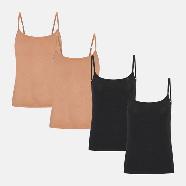 4 pak bambus toppe med tynde stroppe sort/tan