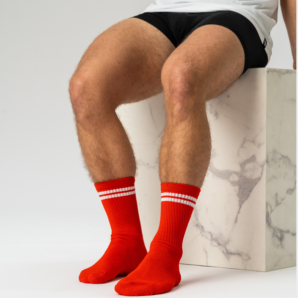 3 par røde bambus tennissokker med hvide striber