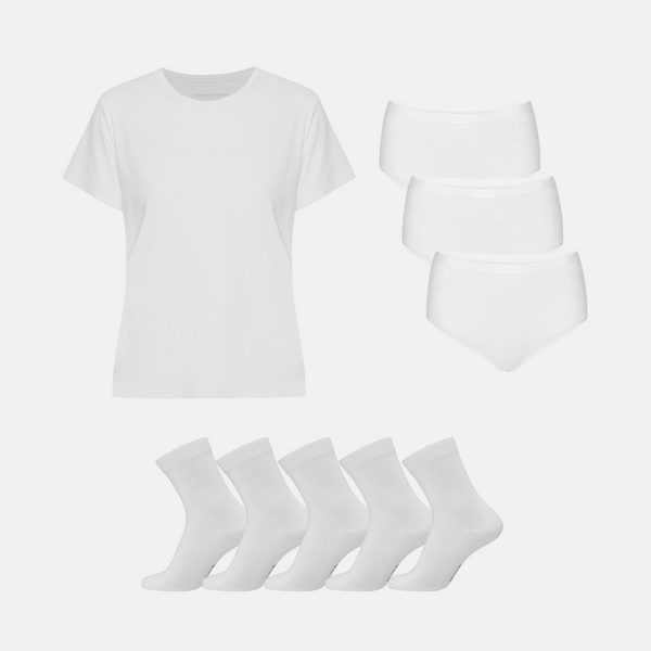 Bambus Pakke - T-shirt & Maxi Trusser & Strømper - Hvid