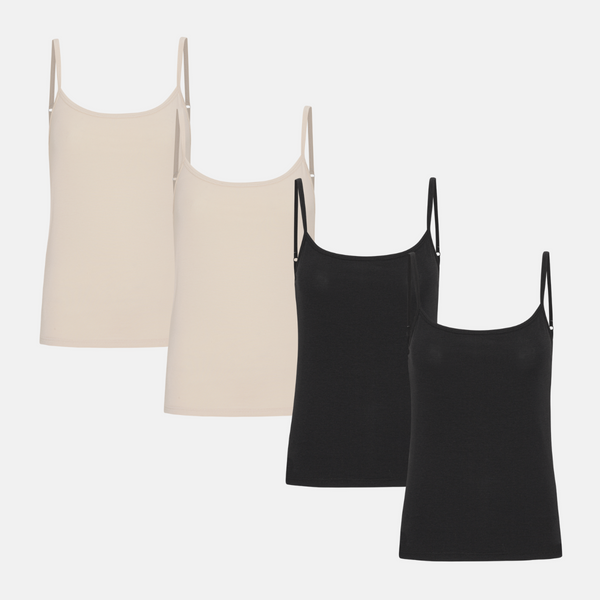 4 pak bambus toppe med tynde stroppe sort/cream