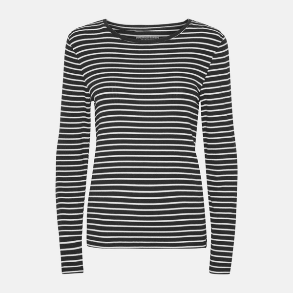 Langærmet bambus T-Shirt i rib i sort/hvid
