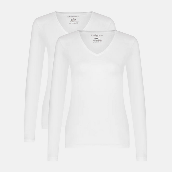 Liv bambus v-hals langærmet t-shirt - hvid 2 pak