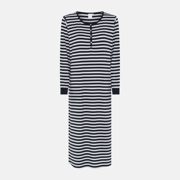 Beate langærmet bambus natkjole - navy/hvid stribet