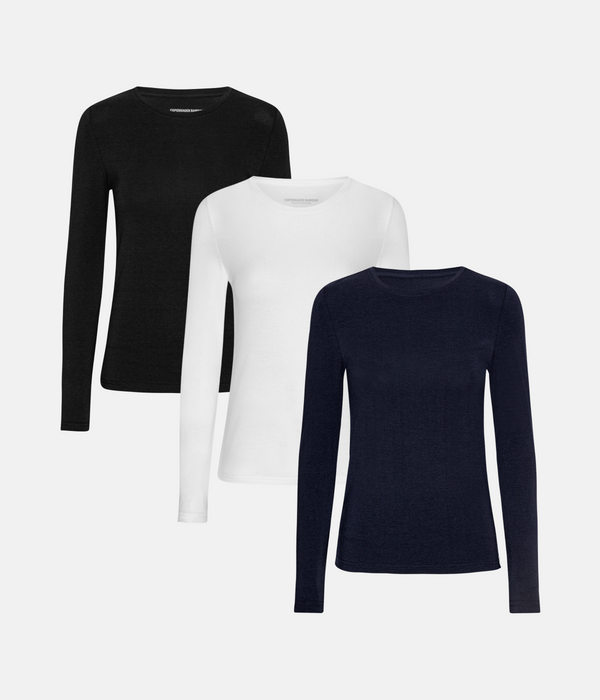 3 pak langærmet bambus T-shirt i sort/hvid/navy