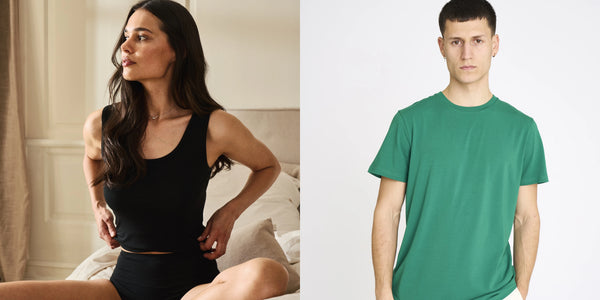Kvinde i sort bambus tanktop og mand i grøn bambus T-shirt – Black Month