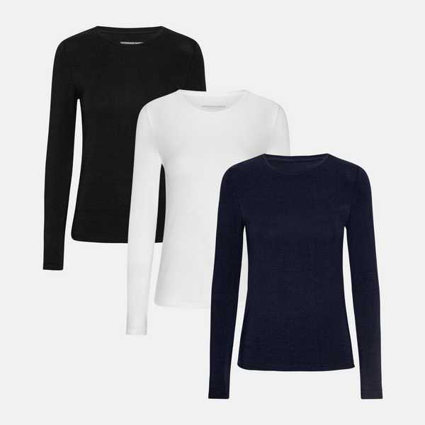 3 pak langærmet bambus T-shirt i sort/hvid/navy